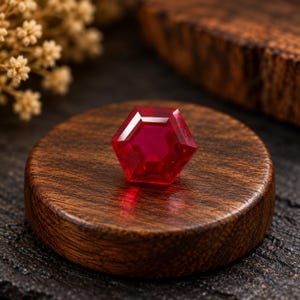 May include: A vibrant red, hexagonally cut gemstone with multiple facets that reflect light, resting on a circular, polished dark brown wooden base with a visible grain pattern.