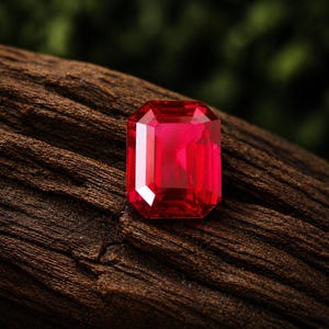 May include: A faceted, rectangular-cut ruby gemstone. The gem is a vibrant red color and sits on a textured, dark brown wooden surface. The gemstone's facets reflect light, creating bright highlights.