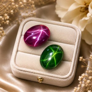 May include: Two oval cabochon gemstones resting in a beige velvet ring box. One gemstone is a deep magenta pink with a visible six-rayed star effect, and the other is a dark forest green with a similar six-rayed star pattern on its surface.