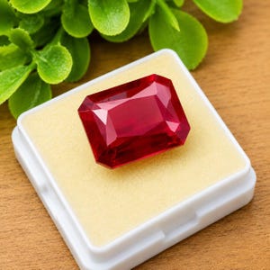 May include: A vibrant, deep red gemstone with a rectangular emerald cut, featuring multiple facets that reflect light. The stone is securely placed on a square, cream-colored foam insert inside a small, white plastic display box for protection.