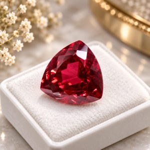 May include: A vibrant, deep red gemstone cut into a triangular shape with multiple facets that reflect light. The gemstone is resting on a white, velvet-lined display box, showcasing its intense colour and sharp, geometric edges clearly.