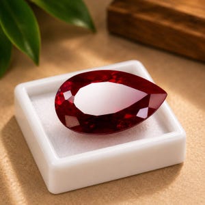 Könnte beinhalten: Ein birnenförmiger, tiefroter facettierter Edelstein, der in einer kleinen, quadratischen weißen Präsentationsbox liegt. Der Stein weist einen Brillantschliff mit mehreren reflektierenden Oberflächen auf, die das Licht einfangen.
