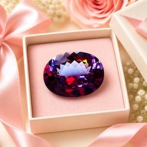 May include: A large, oval-shaped gemstone in a pink box, with a deep purple colour and light-reflecting facets. The box is surrounded by pink ribbons and a soft pink background, suggesting a gift. The gem's dimensions are not visible.