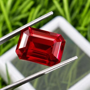 May include: A faceted, rectangular, deep red gemstone is held by silver tweezers against a blurred background of green grass and a white square. The gem has a brilliant, reflective surface.