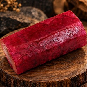Può includere: Un esemplare di cristallo di rubino rettangolare rosso intenso con una superficie sfaccettata e lucida. La pietra presenta una ricca tonalità cremisi satura con inclusioni naturali e una consistenza liscia e riflettente sulla sua forma allungata.