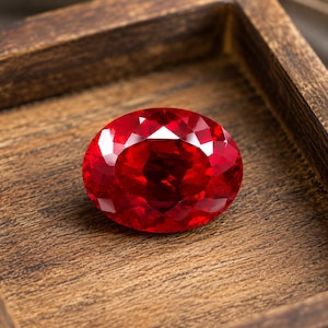 May include: A vibrant, oval-cut red gemstone with a faceted surface that reflects light, showcasing deep crimson hues and clear transparency. The stone is positioned within a dark, square wooden frame with a visible grain texture.