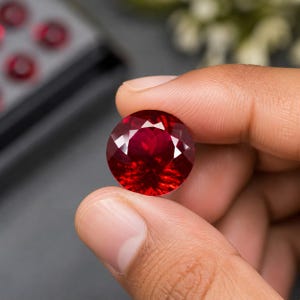 Peut inclure: Une pierre précieuse ronde, facettée et d'un rouge profond avec une taille brillant. La pierre présente une teinte cramoisie vibrante et des reflets internes clairs, révélant un motif géométrique symétrique sur sa surface.