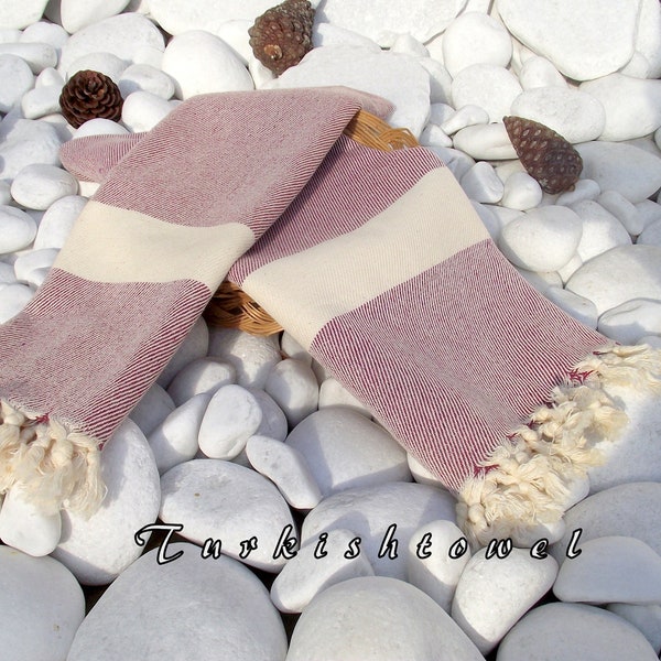 Turkishtowel-Set of 2-High Quality,Hand Woven,Pure Cotton,Hand,Head,Hair Towel or Unisex Neck Warmer-Natural Cream and Burgundy