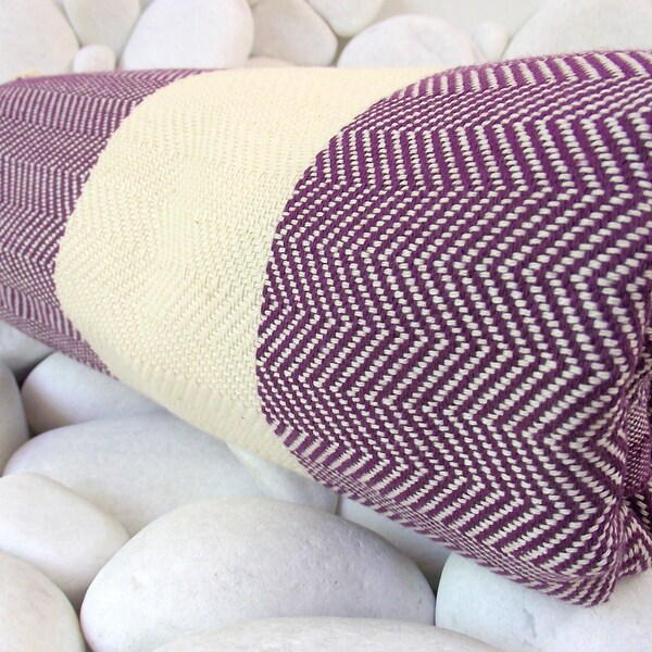 Best Quality Hand-Woven Turkish Cotton Bath Towel,Beach Towel or Sarong-Purple and Natural Cream,Ivory