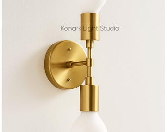 Minimalist Modern Dual Bulb Brass Wall Sconce: Small Flush Mount Vanity Light, Mirror Light