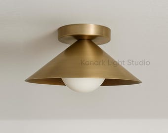 Handmade Modern Brass Cone Flush Mount Ceiling Light - Fixture with Opal Globe