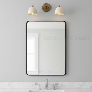 Brass double arm wall sconce with two glass shades, modern vanity wall light fixture, mid century bathroom wall lamp handmade from solid brass