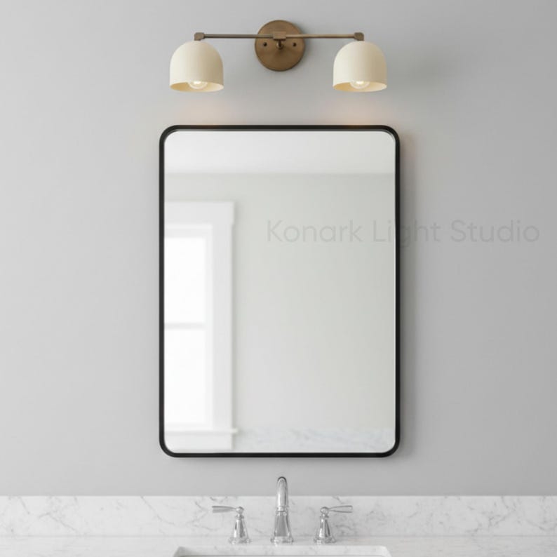 Brass double arm wall sconce with two glass shades, modern vanity wall light fixture, mid century bathroom wall lamp handmade from solid brass