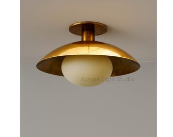 Mid-Century Modern Brass Globe Flush Mount Ceiling Light