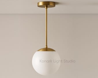 Mid Century Modern Brass Globe Pendant Light – Frosted Glass Shade