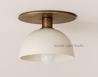 Handmade Solid Brass Flush Mount Ceiling Light: White Dome Shade, Minimalist Fixture