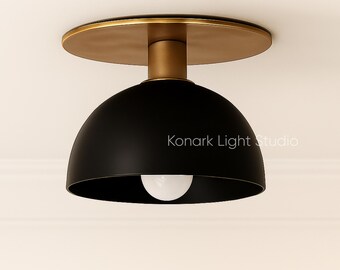 Modern Brass Flush Mount Ceiling Light: Black Dome Shade Light Fixrure l Kitchen Fixture