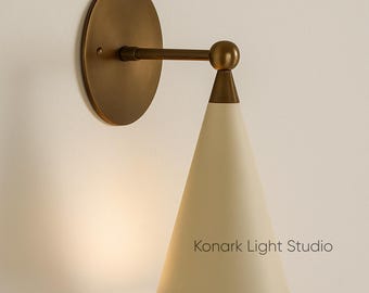 Mid-Century Modern Brass Wall Sconce: White Cone Shade Vanity Light