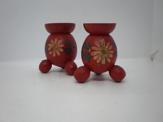 Vintage Pair of Red Handpainted Swedish Candlesticks