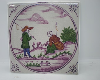 Unusual Purple Delft Ceramic Tile or Trivet Hand Painted