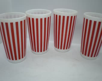 Set of 4 Vintage Red and White Striped Milk Glass Tumblers by Hazel Atlas