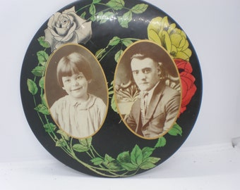 Vintage Antique Large Primitive Metal Father Daughter Photo Button