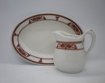 Vintage Brown Transferware Small Pitcher and Plate Tea Serving