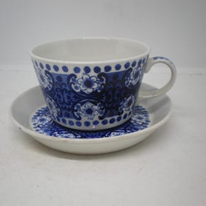 May include: White ceramic teacup and saucer set with a blue floral pattern. The cup has a handle and sits on a matching saucer. The blue design includes floral and geometric elements.