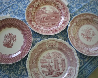 Vintage Spode Mismatched Set of 4 Red and White Archive Collection Transferware 10" Dinner Plates