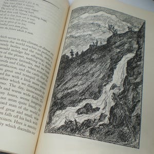 Pode incluir: Uma ilustra&ccedil;&atilde;o em preto e branco de uma cachoeira caindo por um penhasco rochoso. A ilustra&ccedil;&atilde;o &eacute; desenhada em um estilo realista, com detalhes do fluxo da &aacute;gua e das rochas ao redor.
