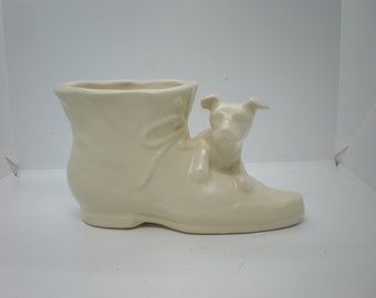 Vintage Adorable Puppy with Shoe Ceramic Dog Vase or Dog Planter