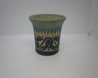 Vintage Ombre Aqua Blue Etched Sgraffito Pottery Vessel Vase