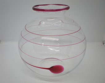 Stunning Hand Blown Art Glass Vase with Applied Red Swirl