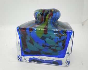 Amazing Little Hand Blown Art Glass Ink Well in Shades of Blues with Multi-Colored Swirls