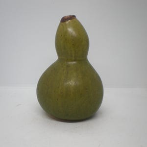 May include: A green gourd-shaped vase with a bulbous base and a narrower neck. The vase has a smooth, slightly textured surface and a dark brown top. The gourd is a muted green color.