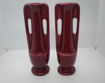 Vintage Maroon Pair of Vases with Art Deco Look