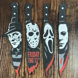 Horror Knife Bookmark Set – Ghostface, Michael Myers, Freddy Krueger & Jason Voorhees | Slasher Icons for Scary Movie Fans