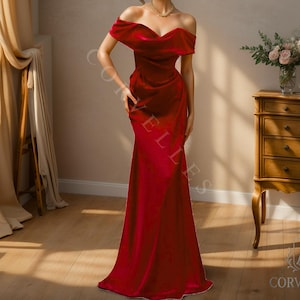 Red Satin Off-Shoulder Evening Gown: Sweetheart Formal Dress