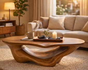 Mesa de centro de madera maciza – Mesa escultural orgánica hecha a mano, mesa baja moderna Japandi, pieza central rústica para sala de estar