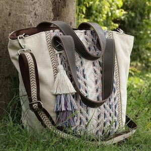 Boho Woven Tote Bag: Tribal Aztec Canvas Shoulder Bag with Tassels