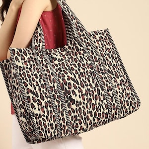 Leopard Print Quilted Tote Bag | Trendy Animal Print Shoulder Bag | Lightweight Fabric Bag for Women | Everyday Casual Tote | Gift for mom