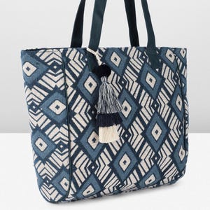 Boho Geometric Tote Bag: Blue Tribal Canvas Shoulder Bag with Tassels