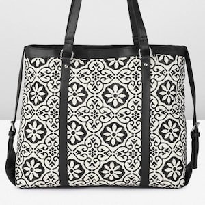 Floral Jacquard Tote Bag: Handmade Black & White Shoulder Bag