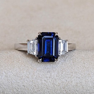 Emerald Cut Blue Sapphire Ring | Three Stone  SapphEngagement Ring | White Gold Sapphire and Diamond Ring | Art Deco Style Sapphire Ring