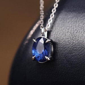 Oval Blue Sapphire Sterling Silver Pendant Necklace: Minimalist September Birthstone
