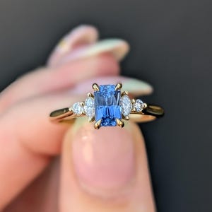 Emerald Cut Blue Sapphire Engagement Ring | 14K Gold Diamond Accent Ring | Vintage Style Blue Gemstone Ring | Handmade Bridal Jewelry