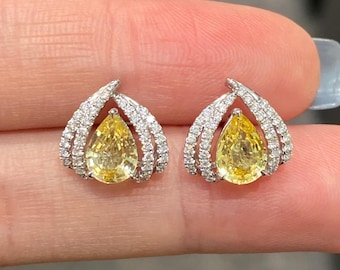 Pendientes de zafiro amarillo / Pendientes de lujo de zafiro amarillo talla pera con halo de diamantes / Joyería con piedra de nacimiento de septiembre / Regalo de aniversario