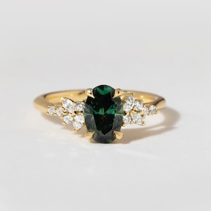 Oval Green Sapphire Cluster Ring: 14K Gold & Zircon