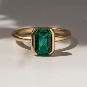 Emerald Cut Bezel Set Emerald Ring | 14K Solid Gold Minimalist Ring | May Birthstone Ring | Natural Green Emerald Engagement Ring |