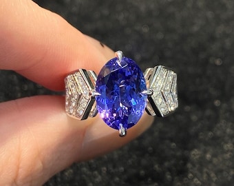 Anillo de tanzanita / Tanzanita de corte ovalado con detalles de diamantes / Piedra natal de diciembre / Anillo de compromiso o aniversario / Joyería con piedras preciosas llamativas